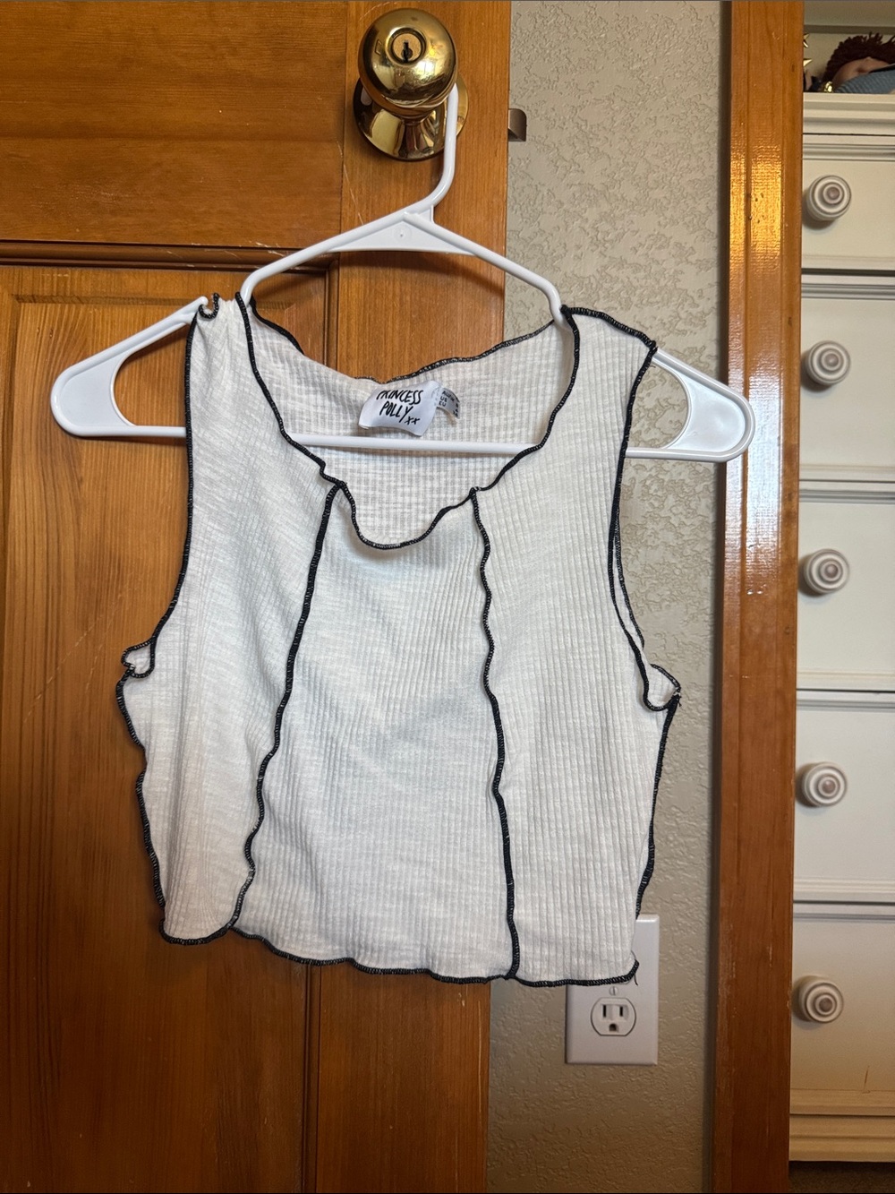 Princess Polly Cream Ribbed Crop Tank with Black Contrast Trim